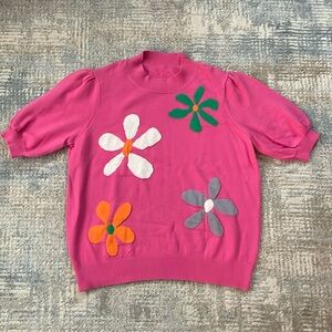 Pink Crew Neck Sweater with Floral Appliqués